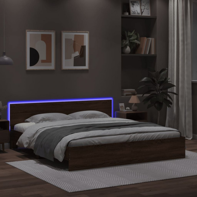Rama łóżka z wezgłowiem i LED, brązowy dąb, 200x200 cm