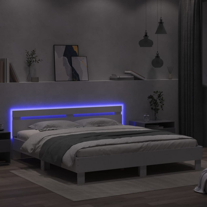 Rama łóżka z wezgłowiem i LED, biała, 200x200 cm