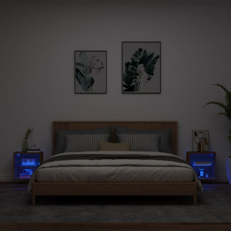 Szafki nocne z oświetleniem LED, ścienne, 2 szt., brązowy dąb