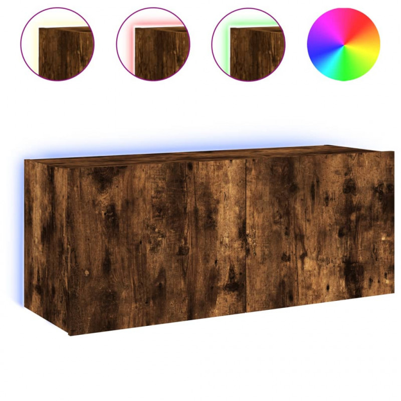 Ścienna szafka TV z LED, przydymiony dąb, 100x35x41 cm
