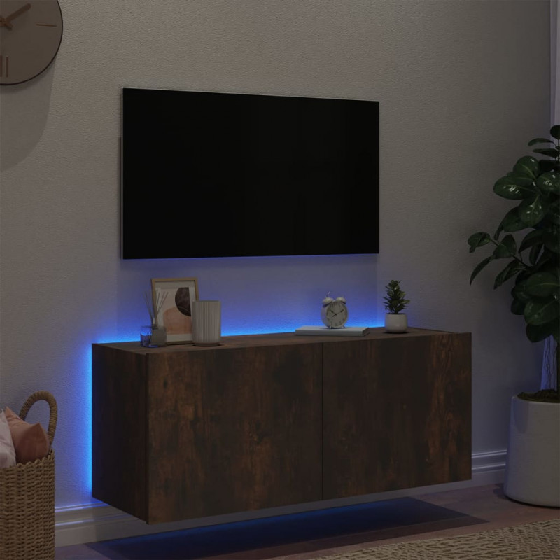 Ścienna szafka TV z LED, przydymiony dąb, 100x35x41 cm