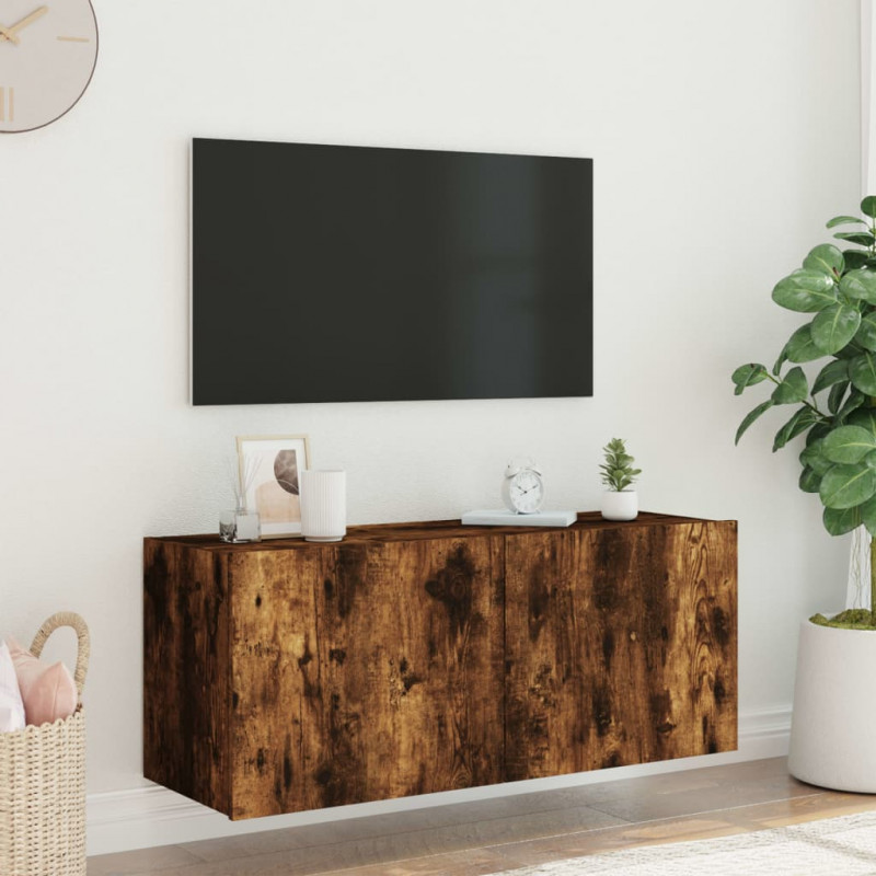 Ścienna szafka TV z LED, przydymiony dąb, 100x35x41 cm