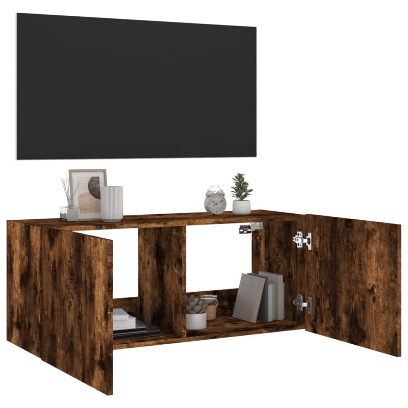 Ścienna szafka TV z LED, przydymiony dąb, 100x35x41 cm