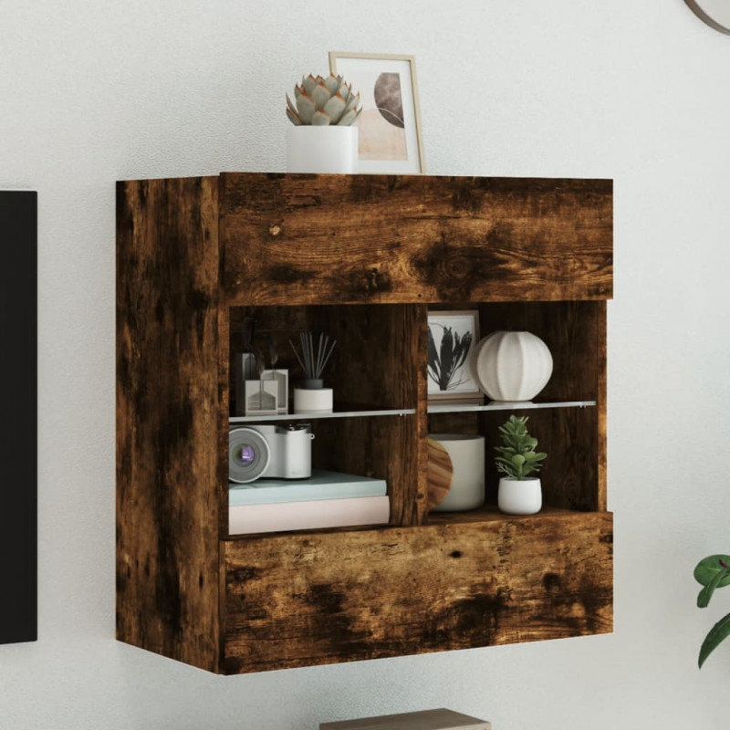 Ścienna szafka TV z LED, przydymiony dąb, 58,5x30x60,5 cm
