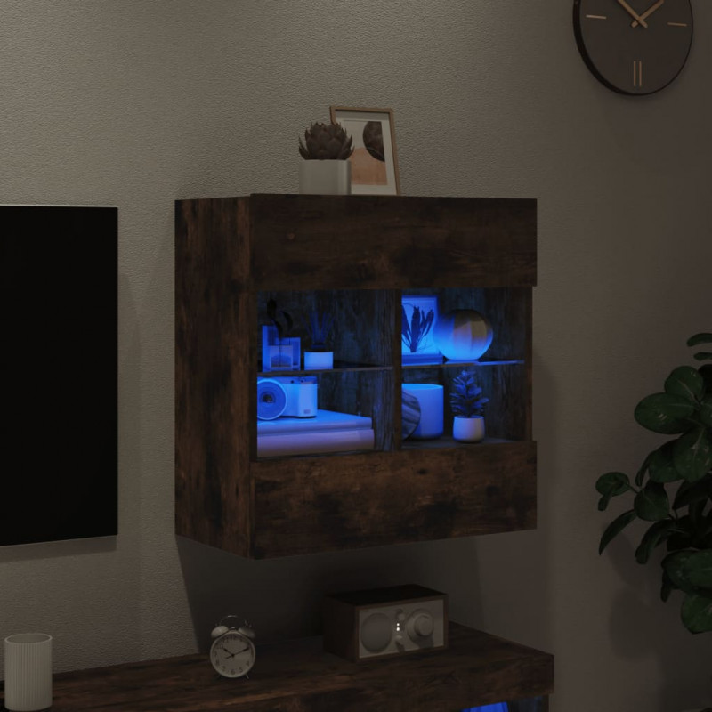 Ścienna szafka TV z LED, przydymiony dąb, 58,5x30x60,5 cm