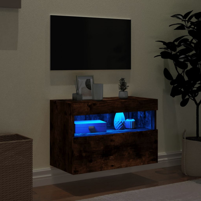 Ścienna szafka TV z LED, przydymiony dąb, 60x30x40 cm