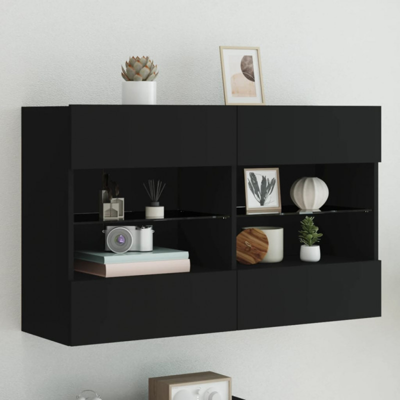 Ścienna szafka TV z LED, czarna, 98,5x30x60,5 cm