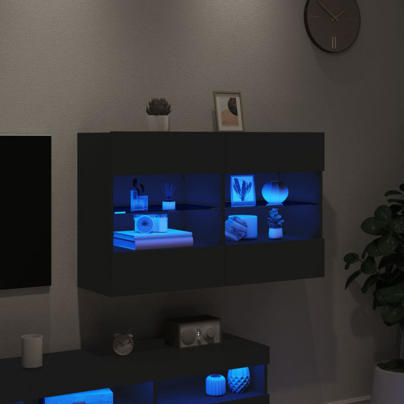 Ścienna szafka TV z LED, czarna, 98,5x30x60,5 cm