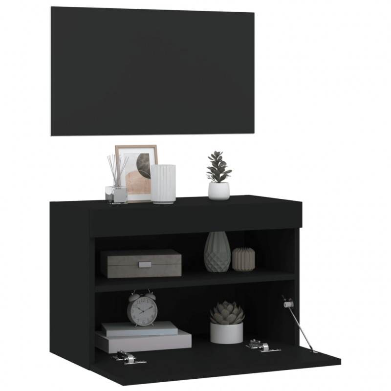 Ścienna szafka TV z LED, czarna, 60x30x40 cm