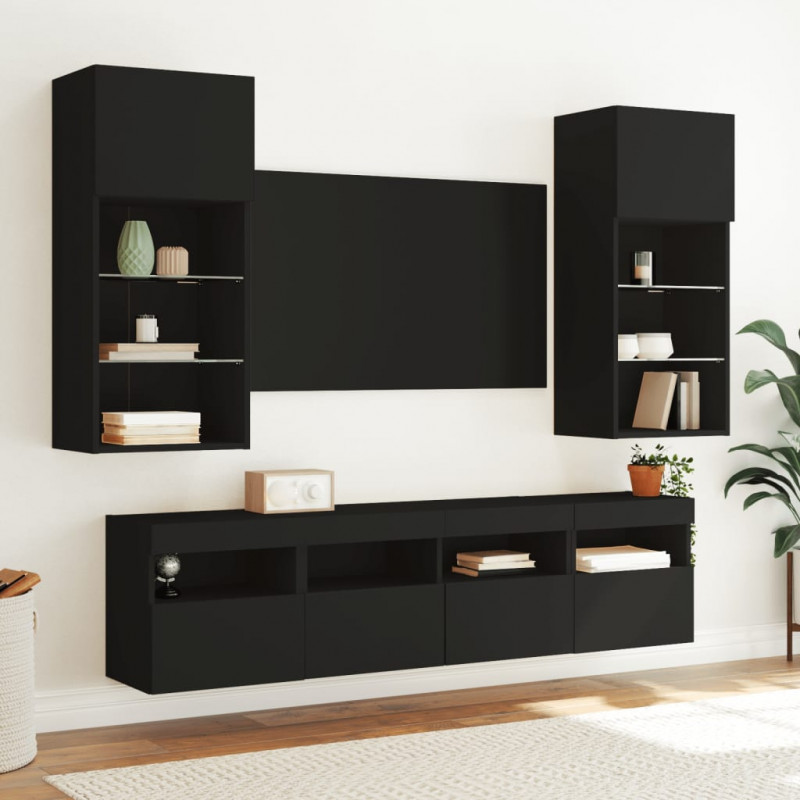 Ścienne szafki TV z LED, 2 szt., czarne, 40x30x40 cm