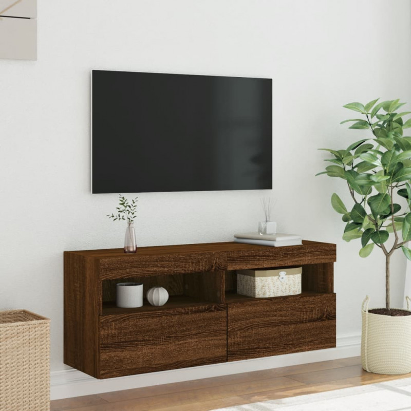 Ścienna szafka TV z LED, brązowy dąb, 100x30x40 cm
