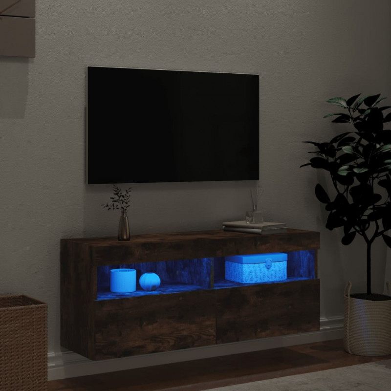 Ścienna szafka TV z LED, przydymiony dąb, 100x30x40 cm