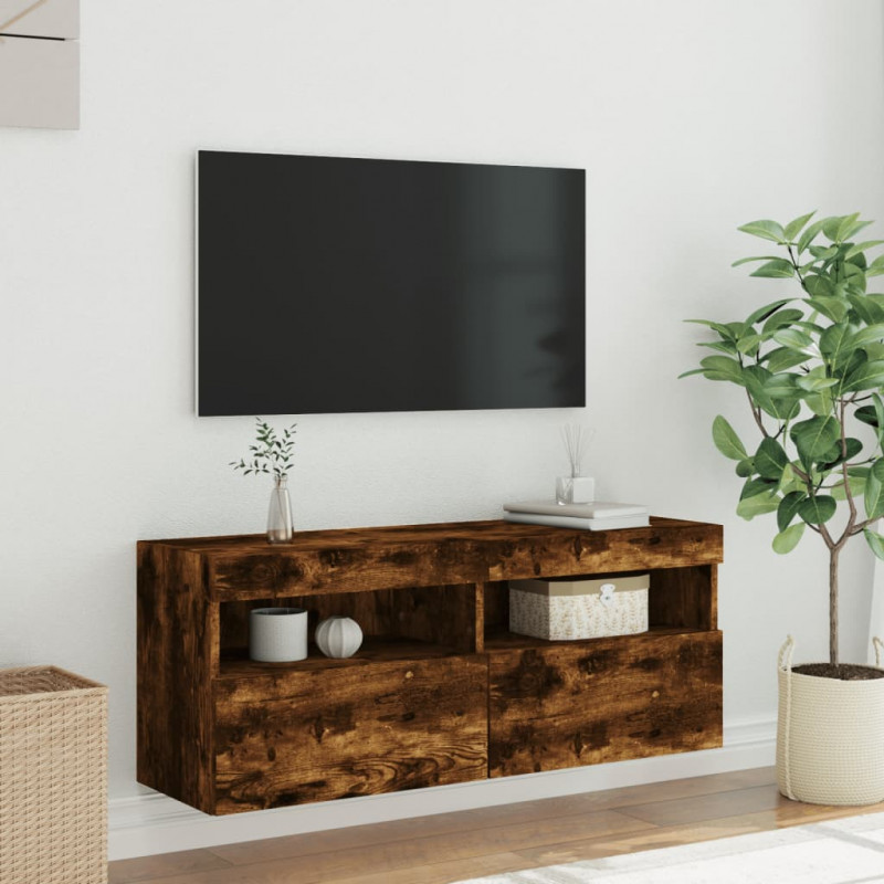Ścienna szafka TV z LED, przydymiony dąb, 100x30x40 cm