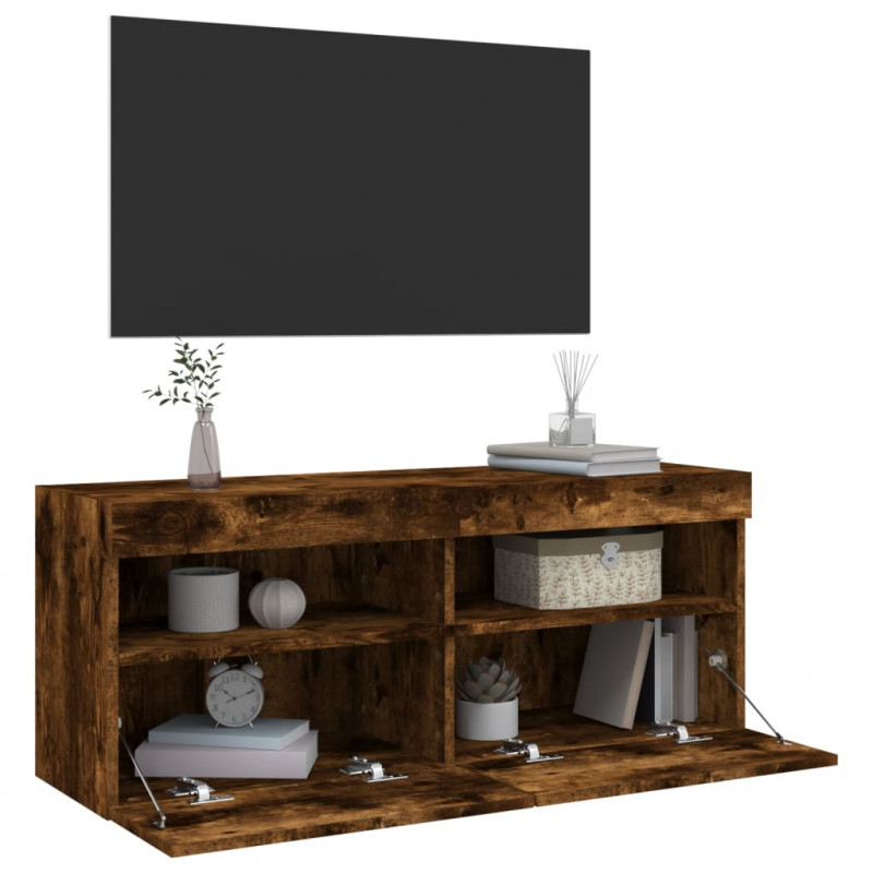 Ścienna szafka TV z LED, przydymiony dąb, 100x30x40 cm