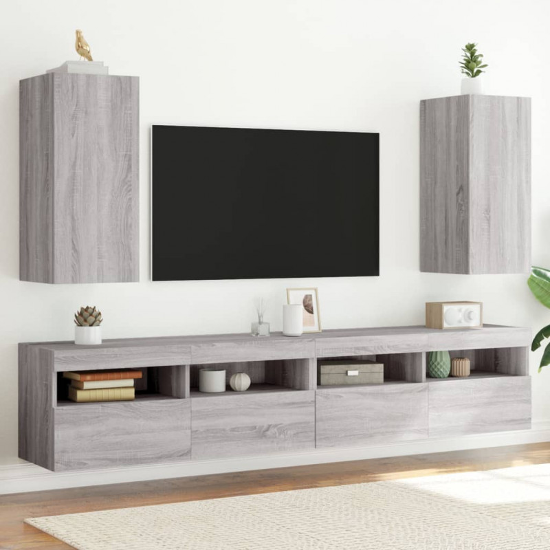 Ścienne szafki TV z LED, 2 szt., szary dąb sonoma, 30,5x35x70cm
