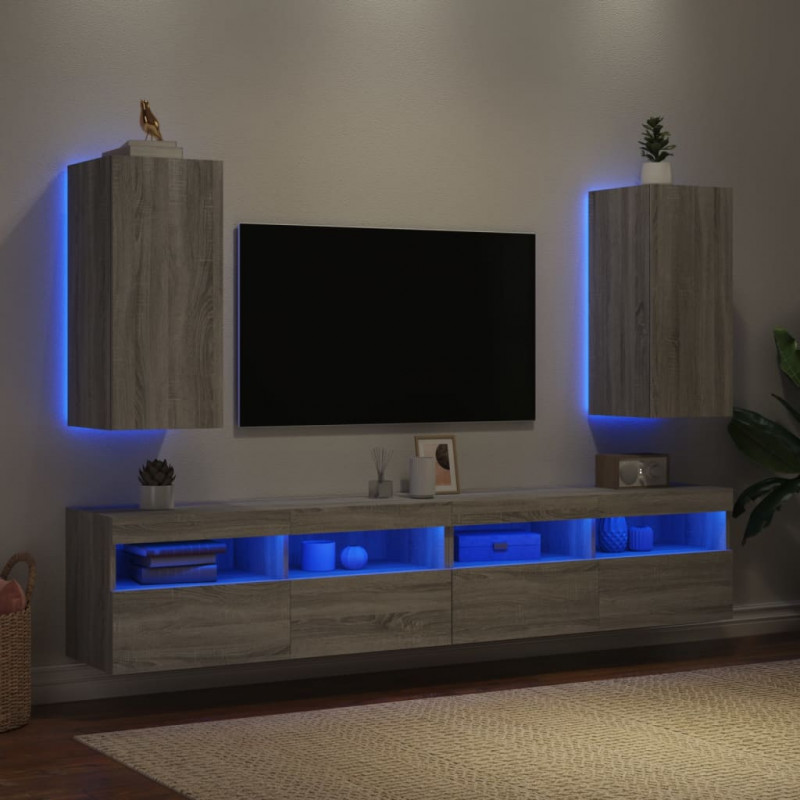 Ścienne szafki TV z LED, 2 szt., szary dąb sonoma, 30,5x35x70cm