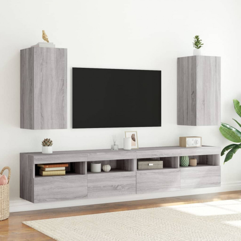 Ścienne szafki TV z LED, 2 szt., szary dąb sonoma, 30,5x35x70cm