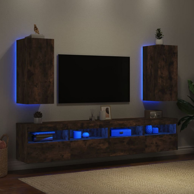 Ścienne szafki TV z LED, 2 szt., przydymiony dąb, 30,5x35x70 cm