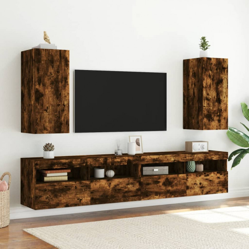 Ścienne szafki TV z LED, 2 szt., przydymiony dąb, 30,5x35x70 cm