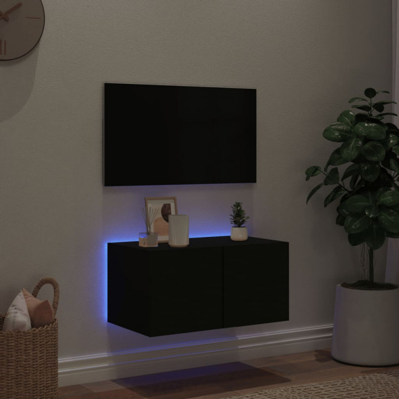 Ścienna szafka TV z LED, czarna, 60x35x31 cm