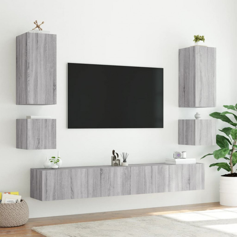 Ścienne szafki TV z LED, 2 szt., szary dąb sonoma, 40,5x35x40cm