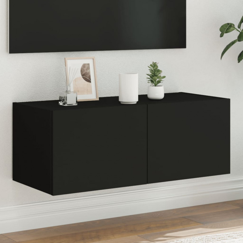 Ścienna szafka TV z LED, czarna, 80x35x31 cm
