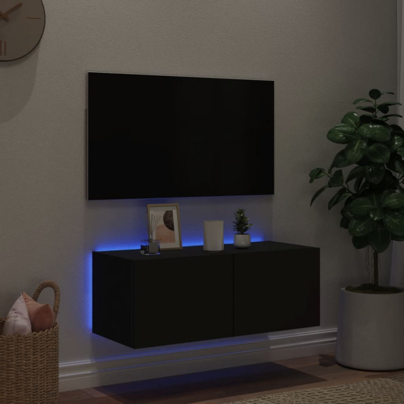 Ścienna szafka TV z LED, czarna, 80x35x31 cm