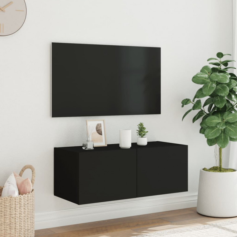 Ścienna szafka TV z LED, czarna, 80x35x31 cm