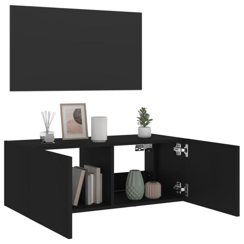 Ścienna szafka TV z LED, czarna, 80x35x31 cm