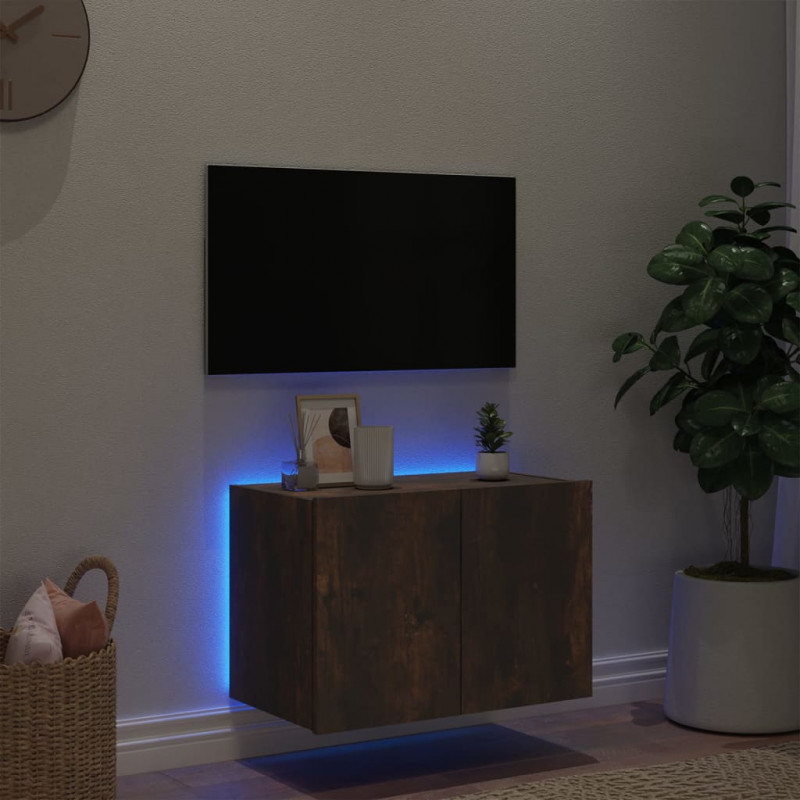 Ścienna szafka TV z LED, przydymiony dąb, 60x35x41 cm