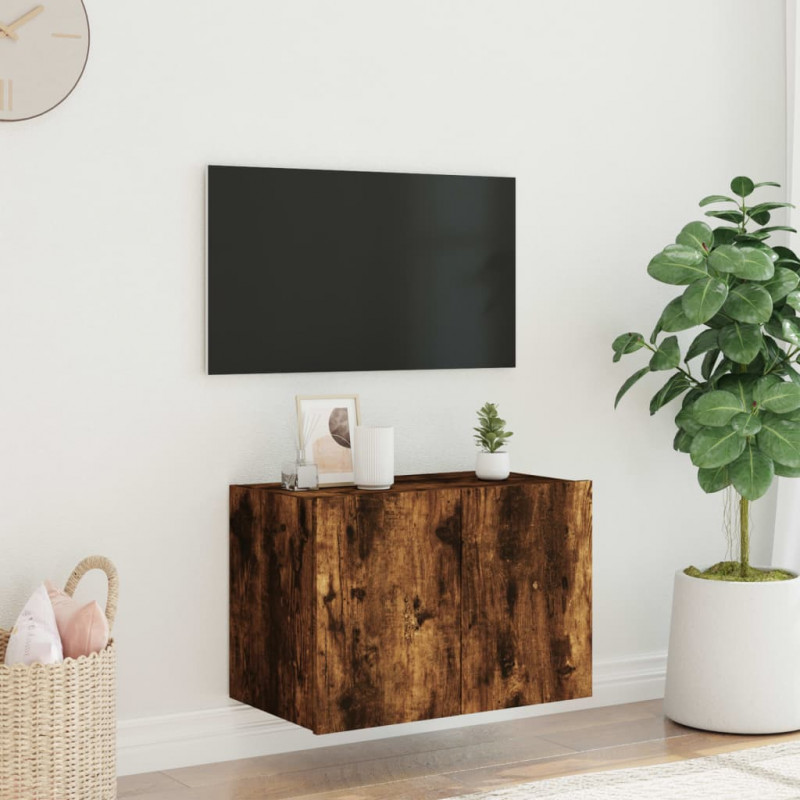 Ścienna szafka TV z LED, przydymiony dąb, 60x35x41 cm
