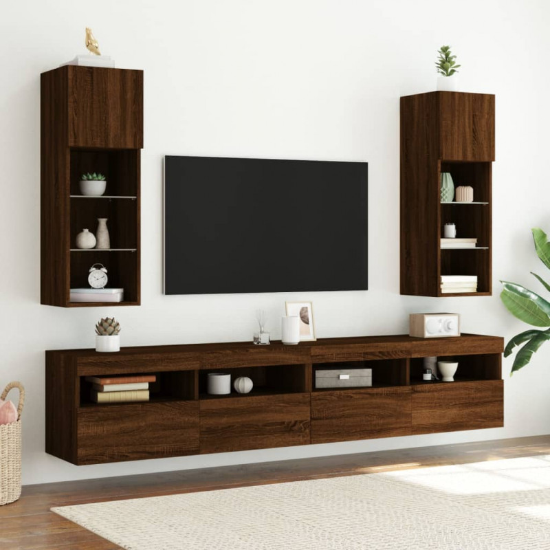 Szafki TV, z LED, 2 szt., brązowy dąb, 30,5x30x90 cm