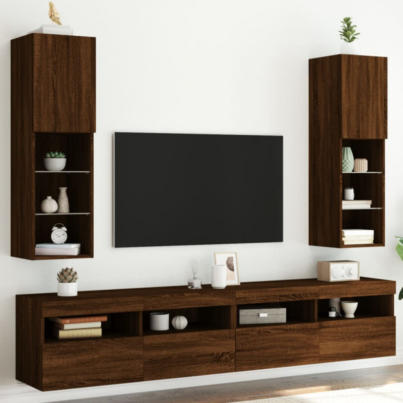 Szafki TV, z LED, 2 szt., brązowy dąb, 30,5x30x102 cm