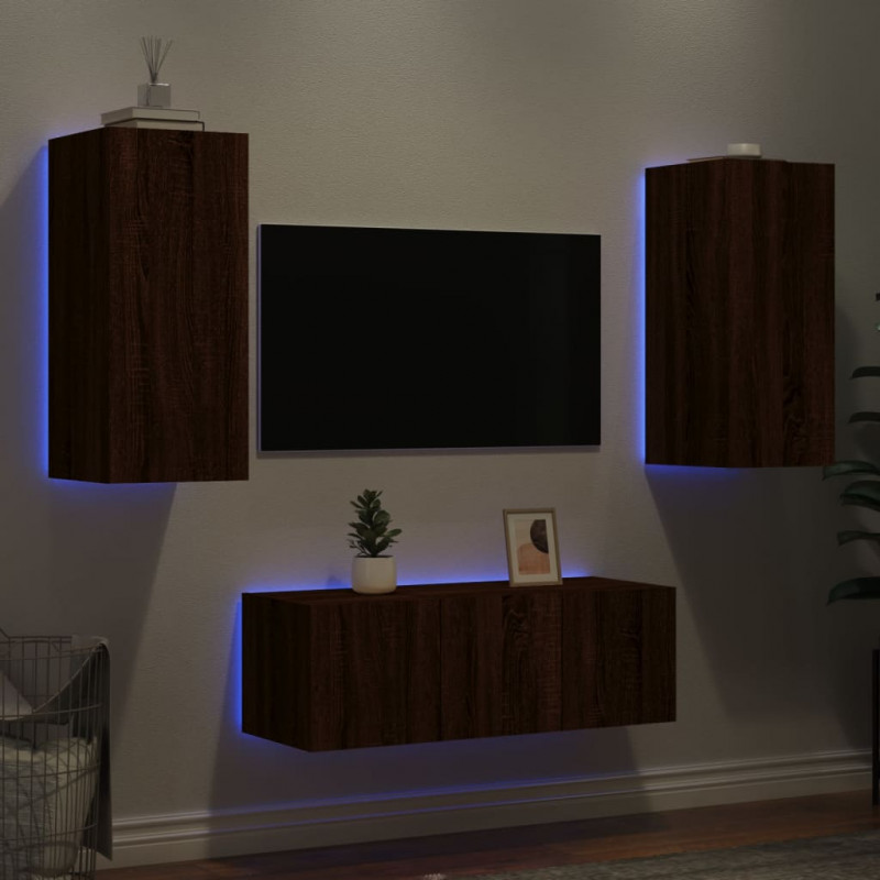 4-częściowy zestaw mebli TV z LED, brązowy dąb