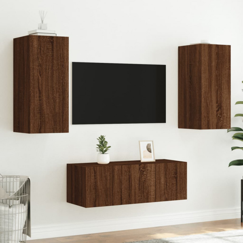 4-częściowy zestaw mebli TV z LED, brązowy dąb