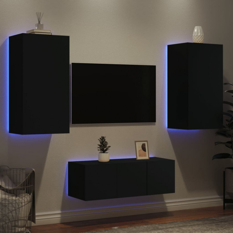 4-cz. zestaw mebli TV z LED, czarny, materiał drewnopochodny