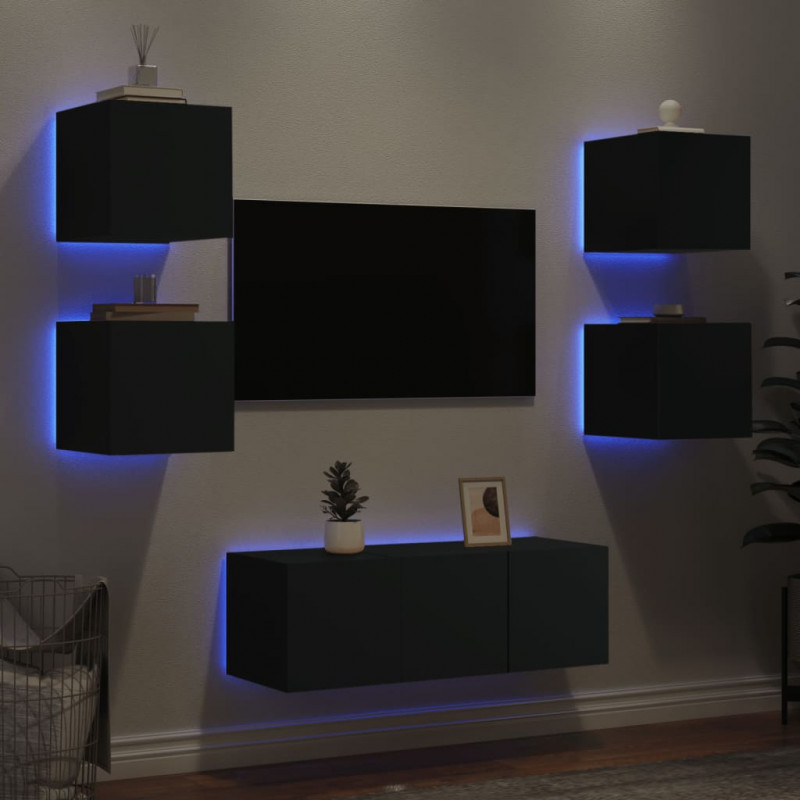 6-częściowy zestaw mebli TV z LED, czarny