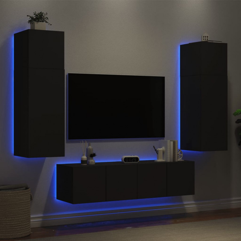 6-częściowy zestaw mebli TV z LED, czarny