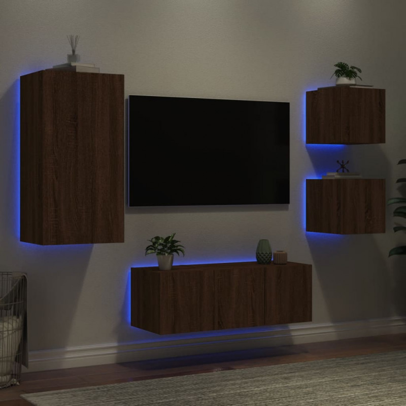 5-częściowy zestaw mebli TV z LED, brązowy dąb
