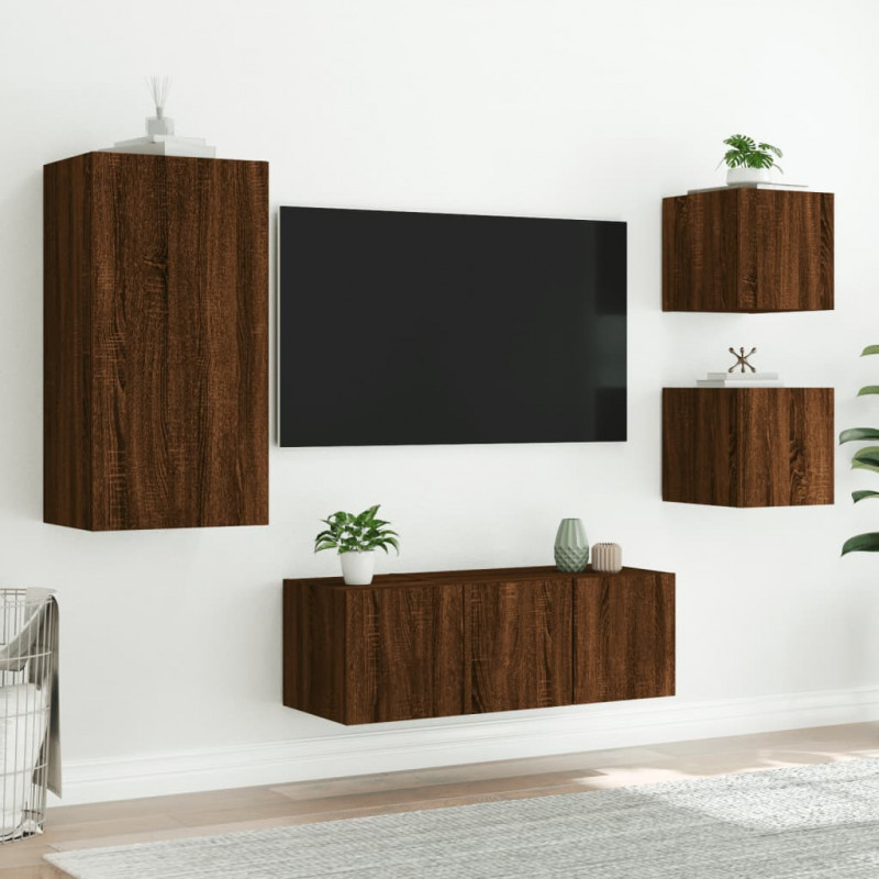 5-częściowy zestaw mebli TV z LED, brązowy dąb