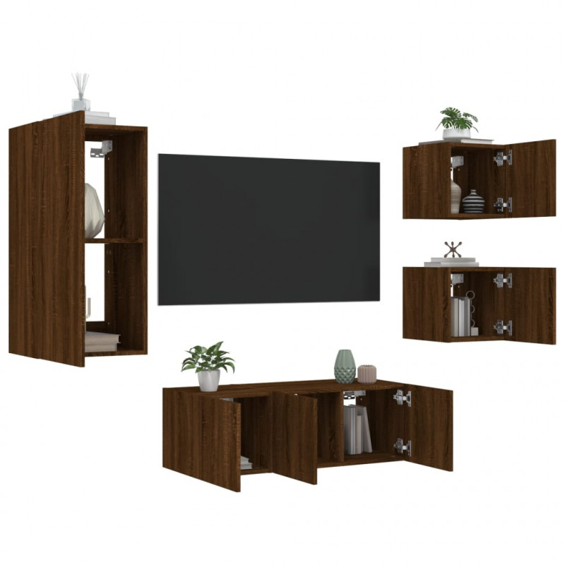 5-częściowy zestaw mebli TV z LED, brązowy dąb