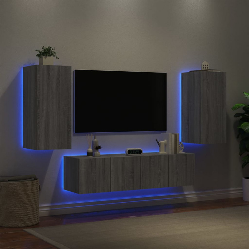 4-częściowy zestaw mebli TV z LED, szary dąb sonoma