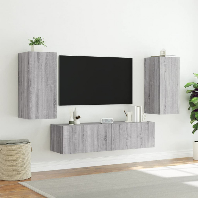 4-częściowy zestaw mebli TV z LED, szary dąb sonoma