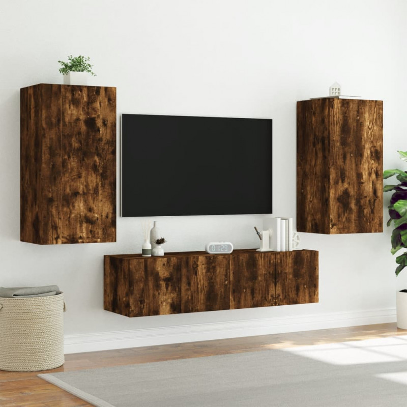4-częściowy zestaw mebli TV z LED, przydymiony dąb