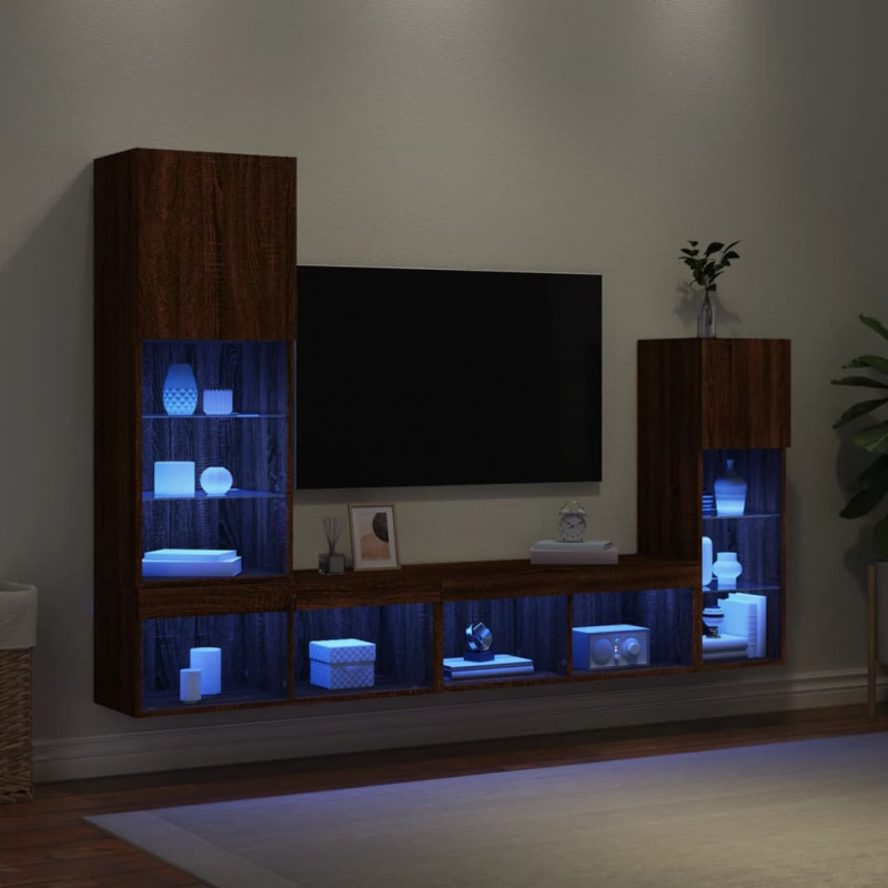 4-częściowy zestaw mebli TV z LED, brązowy dąb