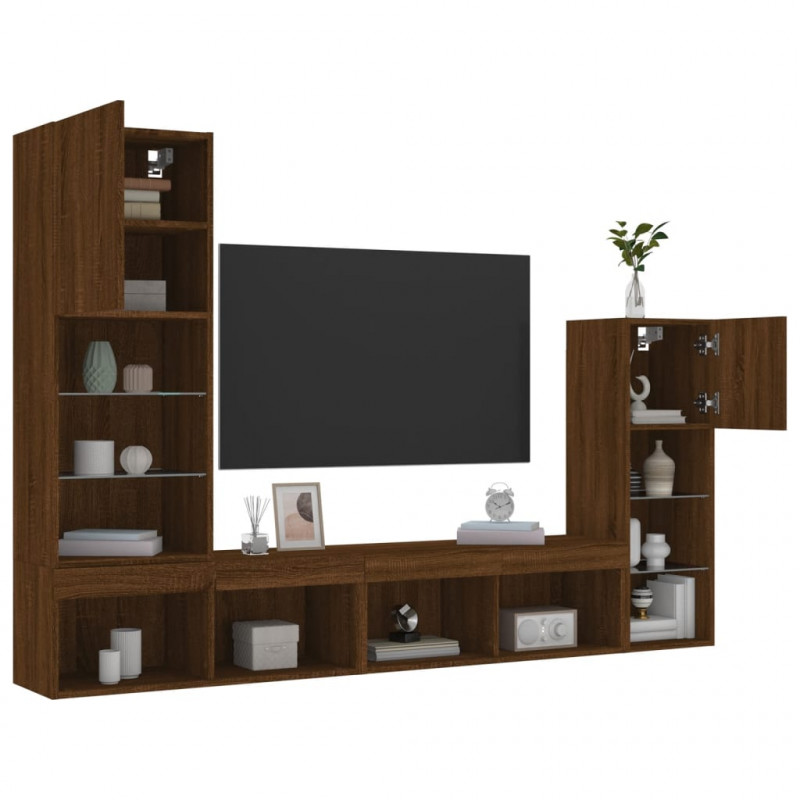 4-częściowy zestaw mebli TV z LED, brązowy dąb