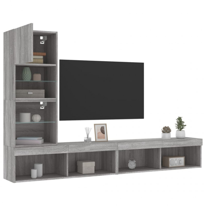 4-częściowy zestaw mebli TV z LED, szary dąb sonoma