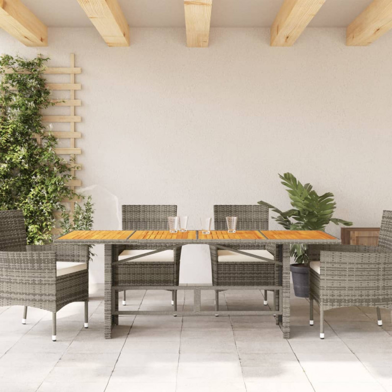 Stół ogrodowy z akacjowym blatem, szary 190x80x74 cm, rattan PE