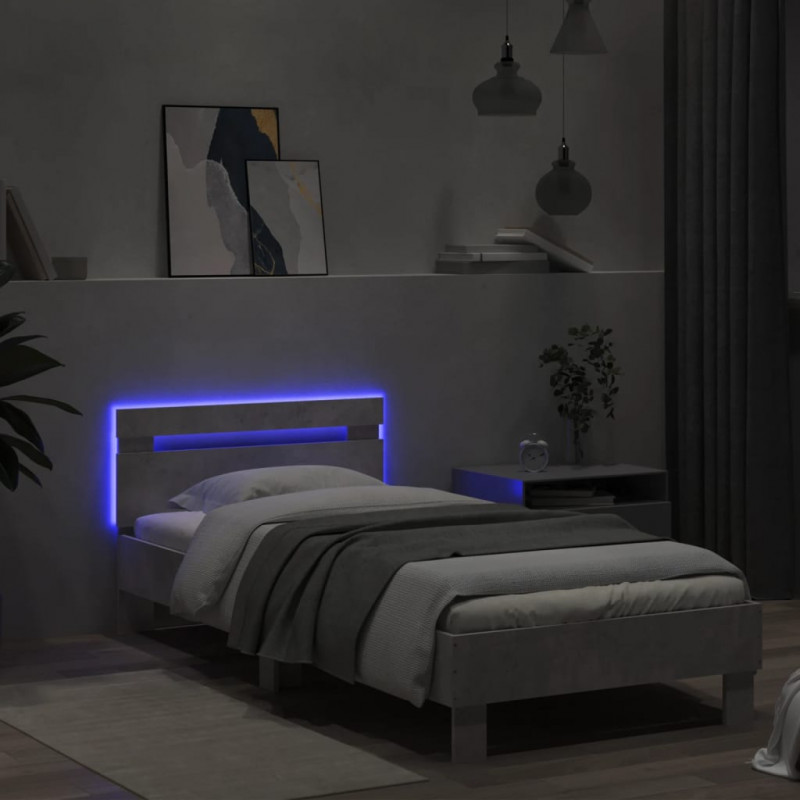 Rama łóżka z wezgłowiem i LED, szarość betonu, 90x200 cm