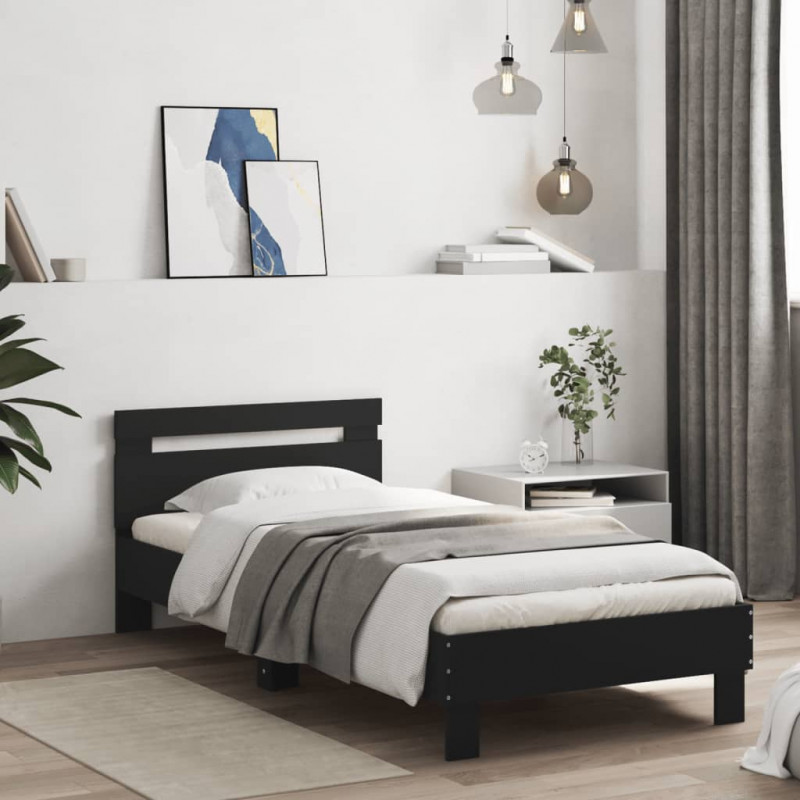 Rama łóżka z wezgłowiem i LED, czarna, 75x190 cm